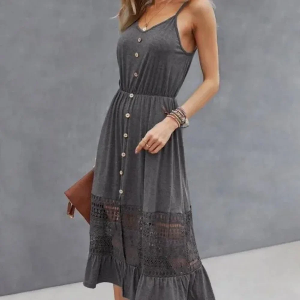 Gray Lace Buttons detail Ruffle Hem Cami Dress - Picture 2 of 6